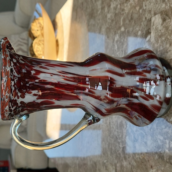 Vintage Red and White Glass Pitcher, 9" Tall - Picture 4 of 5